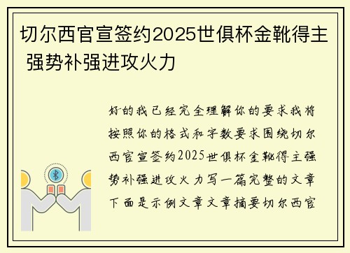 切尔西官宣签约2025世俱杯金靴得主 强势补强进攻火力