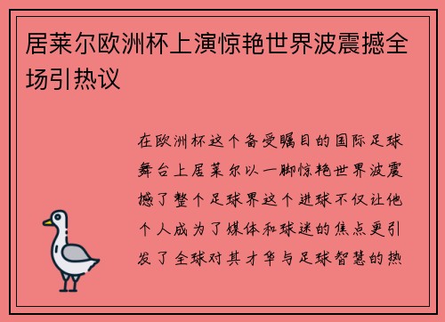 居莱尔欧洲杯上演惊艳世界波震撼全场引热议